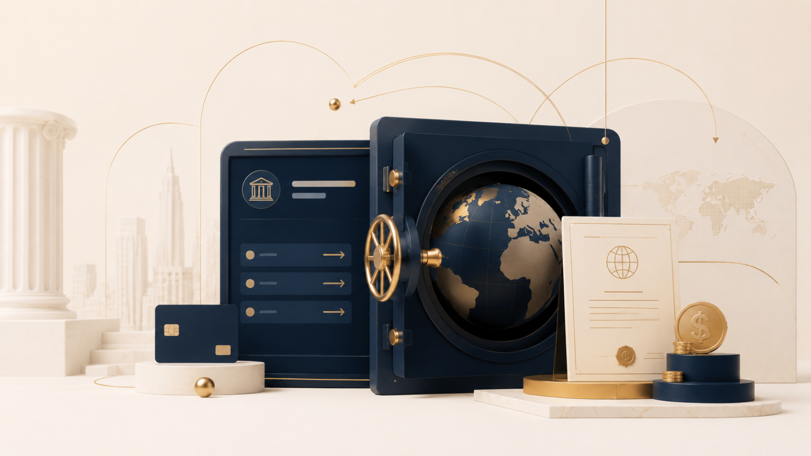 Conti correnti esteri e sicurezza bancaria internazionale – Studio Bertaggia Conti correnti esteri e sicurezza bancaria internazionale con cassaforte, globo e documenti finanziari
