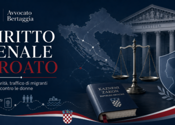 Immagine evocativa sul diritto penale croato con mappa della Croazia, bilancia della giustizia, Codice penale croato, traffico di migranti e tutela delle donne – Avvocato Bertaggia