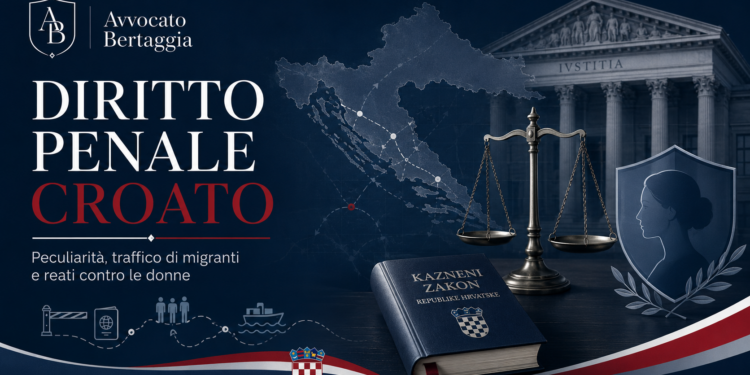 Immagine evocativa sul diritto penale croato con mappa della Croazia, bilancia della giustizia, Codice penale croato, traffico di migranti e tutela delle donne – Avvocato Bertaggia
