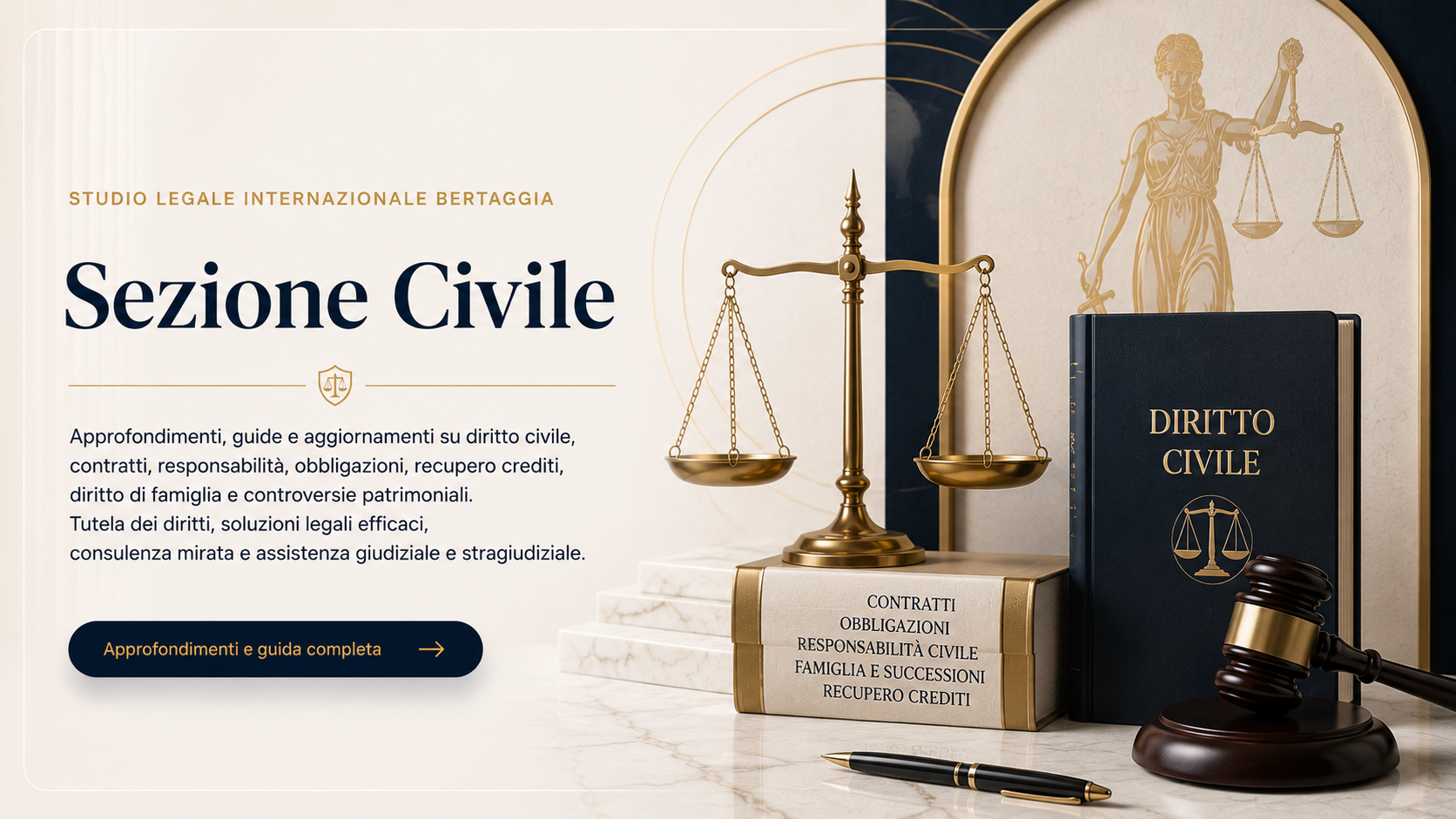 Diritto civile, contratti, responsabilità civile, obbligazioni e recupero crediti con simboli di giustizia