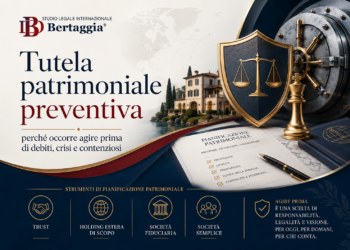 Tutela patrimoniale preventiva con casa, cassaforte, scudo legale e logo dello Studio Legale Internazionale Bertaggia