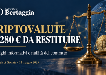 Criptovalute e obblighi informativi: bilancia, Bitcoin e logo Bertaggia. Sentenza di Gorizia, 11.280 euro da restituire.