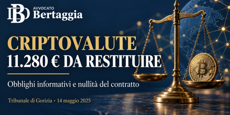 Criptovalute e obblighi informativi: bilancia, Bitcoin e logo Bertaggia. Sentenza di Gorizia, 11.280 euro da restituire.