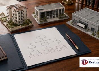 Modelli di edifici e schema delle partecipazioni su un tavolo, con logo dello Studio Legale Internazionale Bertaggia