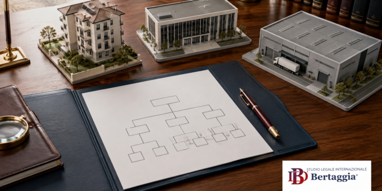 Modelli di edifici e schema delle partecipazioni su un tavolo, con logo dello Studio Legale Internazionale Bertaggia