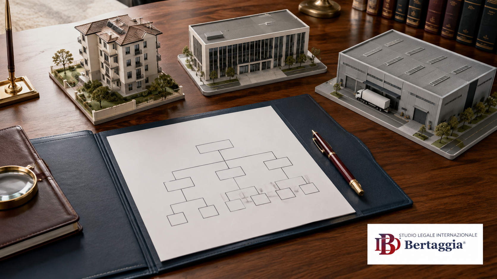 Modelli di edifici e schema delle partecipazioni su un tavolo, con logo dello Studio Legale Internazionale Bertaggia