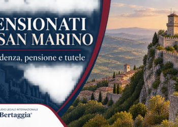 Copertina illustrativa sul trasferimento dei pensionati a San Marino, con torre sul Monte Titano e logo Studio Bertaggia
