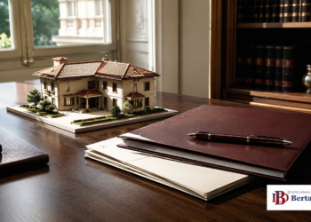 Modello di una casa e documenti su una scrivania: pianificazione del patrimonio familiare, con logo dello Studio Legale Internazionale Bertaggia