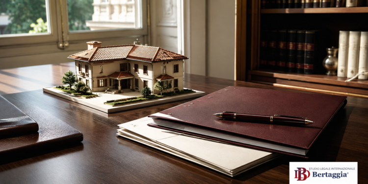 Modello di una casa e documenti su una scrivania: pianificazione del patrimonio familiare, con logo dello Studio Legale Internazionale Bertaggia