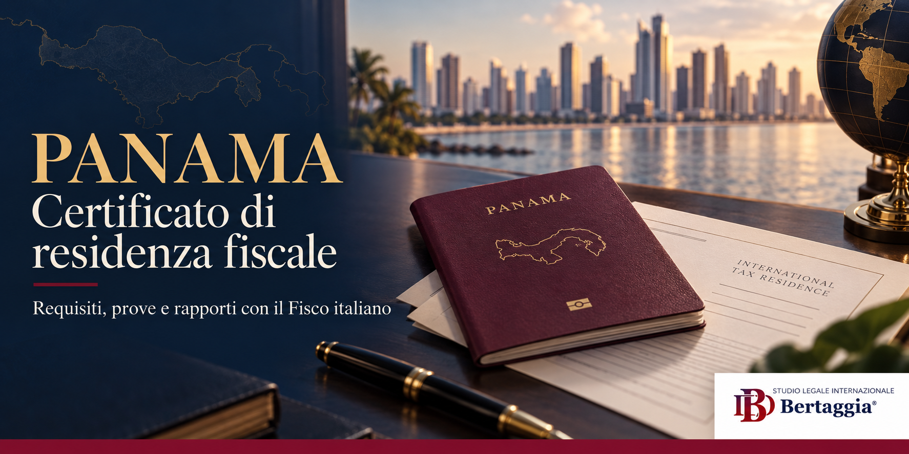 Illustrazione sul certificato di residenza fiscale a Panama, con documenti e logo Studio Bertaggia